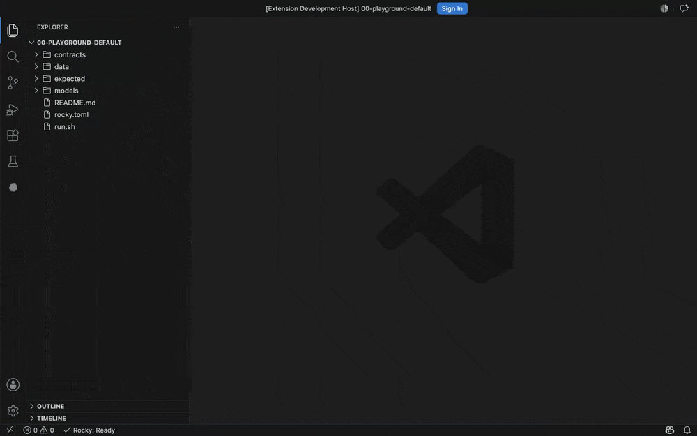 A Rocky DSL model on the left and its compiled SQL on the right, updating live as you type